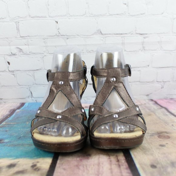 Boc Brown Leather Strappy Studded Wedge Platform Sandals Size 8 - Picture 4 of 9